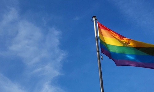 Die Regenbogenflagge weht vor dem Rathaus im Wind.