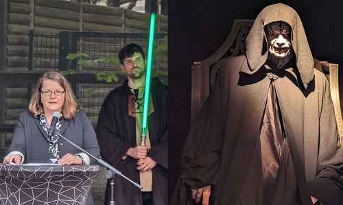 links: „Möge der Spaß mit euch sein“ so der Wunsch der Leiterin des Fachbereichs Kultur der Stadt Goslar, Marleen Mützlaff, an die Gäste. rechts: Eine Figur der intergalaktischen Film-Saga platziert auf dem Kaiserstuhl – eine Symbiose der Sonderausstellung „Galaktisches Goslar“.