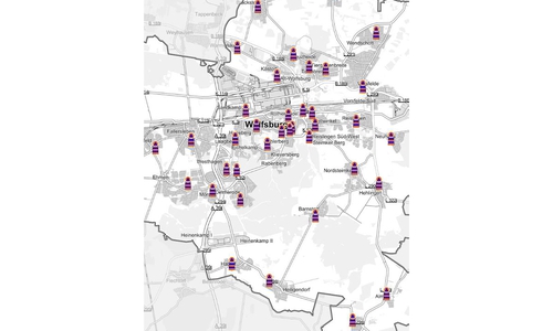 Stadtplan von Wolfsburg mit eingezeichneten Bevölkerungsschutzleuchttürmen.