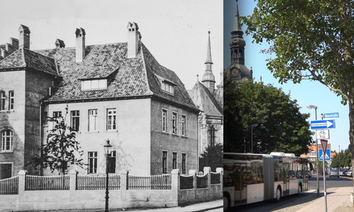 Wir zeigen das Bankgebäude und die Hauptkirche vor 115 Jahren. 