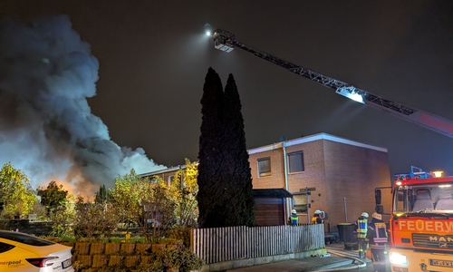 Mit der Drehleiter leuchtet die Feuerwehr die Einsatzstelle aus. Eine schwarze Wolke liegt über der Wohnsiedlung. Im Keller des Hauses brennt es.