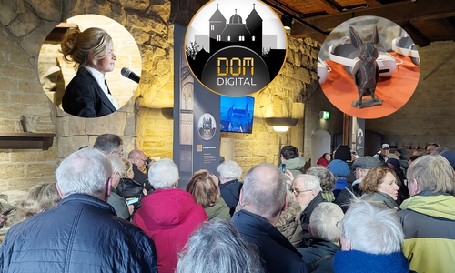 Nachdem der offizielle Startschuss für die App DOM:digital durch Oberbürgermeisterin Urte Schwerdtner (kleines Bild, oben li.) gefallen war, herrschte den ganzen Nachmittag großer Andrang im Wintersaal der Kaiserpfalz Goslar. Für Kinder und Jugendliche begleitet die Fledermaus Lunar (kleines Bild, oben re.) die Erkundung des ehemaligen Doms.