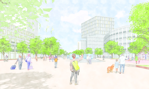  So könnte es mal aussehen: Der CityHub als einer von zwei neuen zentralen Umstiegspunkten, die den heutigen ZOB ablösen sollen. Der Standort ist Mitten auf dem Nordkopf, Blickrichtung Süden (die Porschestraße hinunter). 