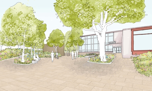 : Eingang in den Kleistpark aus Richtung Kaufhof kommend - auf diesem Bereich liegt ein Fokus der Umgestaltung.