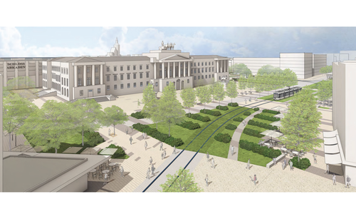 Das Büro Albert Speer + Partner, Frankfurt mit eigener Abteilung Landschaftsarchitektur bündelt die Nord-Süd Fahrspuren des Bohlwegs auf der Ostseite. Im Bereich der Georg-Eckert-Straße werden alle Fahrspuren auf die Nordseite der Stadtbahntrasse verlagert. Die Flächengewinne auf der Westseite des Bohlweg schaffen dort Räume für den Fuß- und Radverkehr.