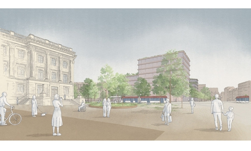 KSP Engel-Architekten mit nsp Landschaftsarchitekten fassen als einziges Team die Trassen der Stadtbahn an, was in der Auslobung allerdings ausdrücklich ausgeschlossen wurde. Dieses Team verschiebt auch die Haltestellen Schloss sowohl im Bereich Bohlweg als auch in der Georg-Eckert Straße nach Norden. Dies ermöglicht unter anderem ein größeres Baufeld für die Neubebauung im Bereich Horten. Hier werden wiederum drei unterschiedlich hohe Baukörper angeordnet, die Durchwegungen in Richtung Magnikirchplatz und Kuhstraße eröffnen. Im Freiraumansatz wird der Schlossplatz unmittelbar vor dem Schloss steinern belassen; heute bestehende Bäume sogar entnommen. Intensive locker angeordnete Bäume rahmen den Schlossplatz dann allerdings von allen Seiten.