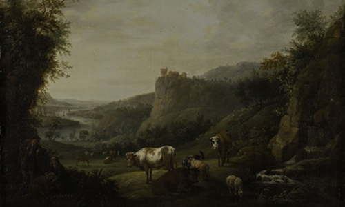 Landschaft mit Wasserfall und Flusstal, 1769, Öl auf Eichenholz 