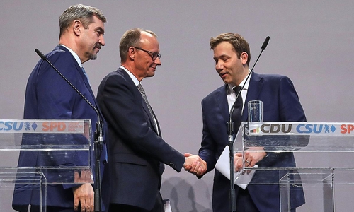 Markus Söder, Friedrich Merz, Lars Klingbeil am 09.04.2025