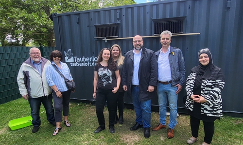 Vor-Ort-Termin am betreuten Taubenhaus im Fredenberg: Werner Müller (Ortsbürgermeister Ortschaft Nord), Susanne Erdmann (Ortsrat Nord), Jennifer Breit (Stark für Tier e.V.), Inga Gröschler (Taubenengel Salzgitter), Erster Stadtrat Eric Neiseke, Frank Bonse (Fachgebietsleiter Öffentliche Sicherheit und Gewerbe Stadt Salzgitter) und Amal El Dorr (Ortsrat Nord) (v. li.).