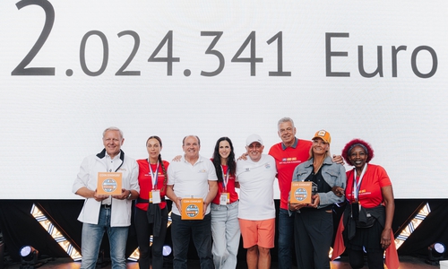 Jürgen Brinkmann, Lilly Becker, Wolfram Kons, Jasmin Wiegand, Robert Lübenoff, Jürgen Hingsen, Franziska van Almsick und Asha Noppeney bei der Verkündung der gigantischen Spendensumme von 2.024.341 Euro.
