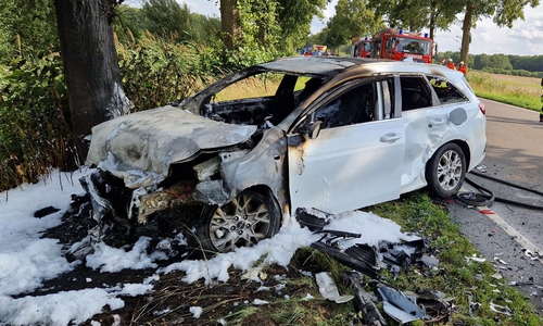 Das Auto hatte durch den Aufprall Feuer gefangen.