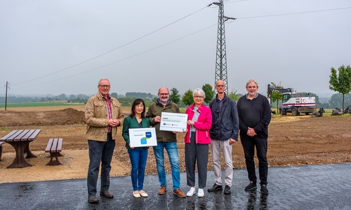 Frank Oesterhelweg (von links) mit Fachplanerin Sashuang Li (Landkreis Wolfenbüttel), Kreisbaurat Sven Volkers, Landrätin Christiana Steinbrügge, Markus Blaich und Henning Zellmer (Geopark).  