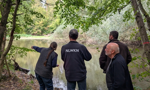Ortstermin am Teich im Dorm: Revierförsterin Antje Feldhusen (links) erläutert die geplanten Pflegemaßnahmen. Walter Wimmer (NLWKN), Marc Böhles (BUND, hinten) und Reinhard Wagner (NABU, vorne) verfolgen die Ausführungen. Die Maßnahmen wurden vor Ort mit Fachbehörde, Naturschutzverbänden, ÖNSA und Naturpark Elm-Lappwald vorgestellt.   