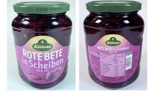 Es könne nicht ausgeschlossen werden, dass sich in vereinzelten Gläsern der Charge „Kühne Rote Bete Scheiben, 720ml im Glas“ (Füllmenge 670 g, Abtropfgewicht 430 g) Glasstücke befinden.