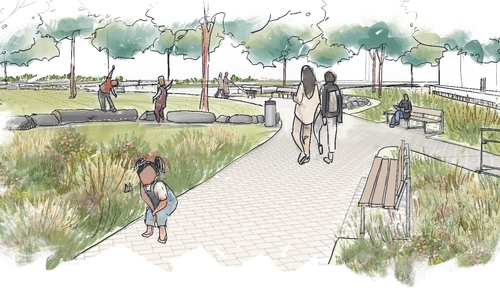 Mitten auf dem Rathausplatz, Blickrichtung Norden (Pestalozziallee): Gut zu erkennen ist die geplante Entsiegelung, viel Grün, Aufenthaltsbereiche und naturnahe Spielangebote für Kinder.