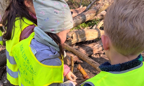 Aus Stöcken wurde ein Xylophon gebaut.