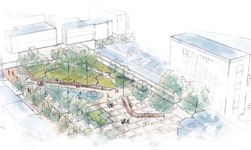 Aus Grau macht Grün: Vogelperspektive auf das „Klimalabor Rathausplatz“.