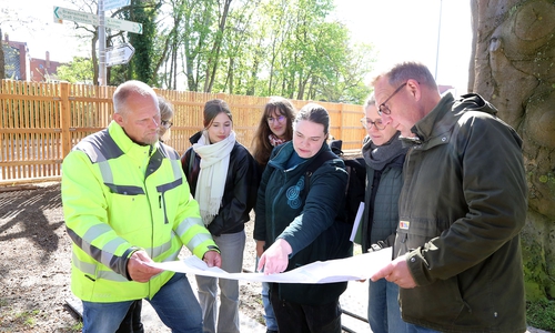 Vom Fortschritt der Arbeiten überzeigte sich jetzt auch Gartendenkmalpflegerin Janine Teßmer (Mitte)  vom Niedersächsischen Landesamt für Denkmalpflege.