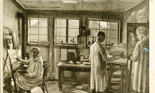 Wird in der Ausstellung gezeigt: Künstler in einem Atelier der 50erJahre. 