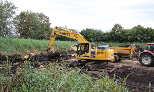 Das benachbarte Beet in Soßmar wurde 2024 geräumt – ein ähnliches Bild wird sich auch jetzt wieder zeigen: Der Bagger gräbt die Klärschlammerde mit Schilf ab und verlädt sie.
