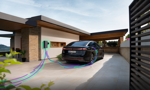 Ein Volkswagen ID.7 am Elli BiDi Charger: Bidirektionales Laden bindet die Fahrzeugbatterie in das Energiesystem ein und kann helfen, Mobilitätskosten zu senken.