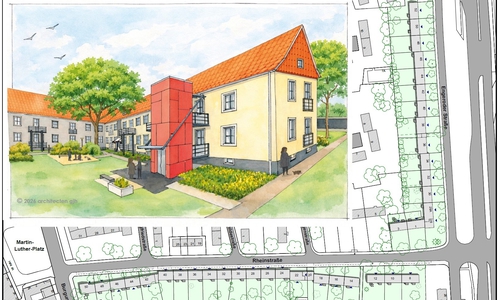 Baustellenschild mit einer schematischen Darstellung der Musterhäuser, die barrierefrei umgebaut werden sollen.