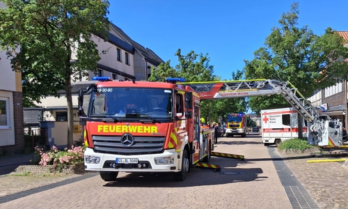 Die Drehleiter brachte den Patienten schonend aus dem Haus.