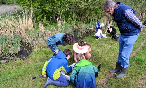 Bürgermeister und Verbandsvorsteher Detlef Kaatz im Gespräch mit Kindern und Pädagogen beim Wasserprojekt. 
