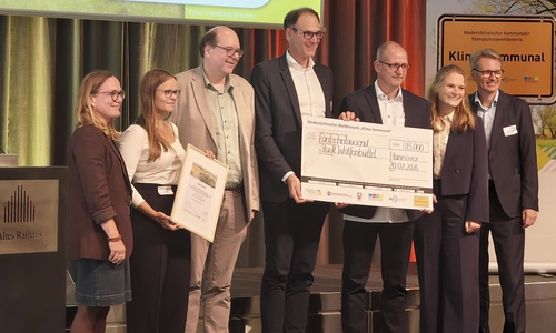Dr. Carolin Fornaçon (Niedersächsisches Umweltministerium), Klara Krüger (Klimaschutzmanagerin der Stadt Wolfenbüttel), Christian Meyer (Umweltminister von Niedersachsen), Ingo Schulz (Geschäftsführer der Stadtwerke Wolfenbüttel), Henning Kramer (Ratsmitglied Bündnis90/Grüne und Initiator des Projektes), Tamina Reinecke (MdL Bündnis90/Grünen für den Landkreis Wolfenbüttel) und Dr. Jan Arning (Geschäftsführer des Niedersächsischen Städtetags NST) (v. li.).