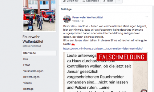 Die Feuerwehr Wolfenbüttel warnt auf ihrer Facebook-Seite vor einer Falschmeldung. Foto: Facebookscreenshot/Alexander Dontscheff