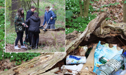 In Zweiergruppen ging es mit Müllsack und Zange bewaffnet durch den Wald. Fotos: Sandra Zecchino