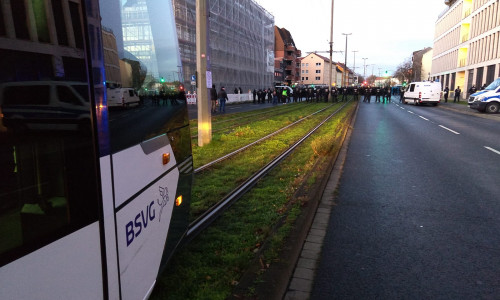 AfD-Gegner blockieren den Weg zur Halle.
Foto: Werner Heise