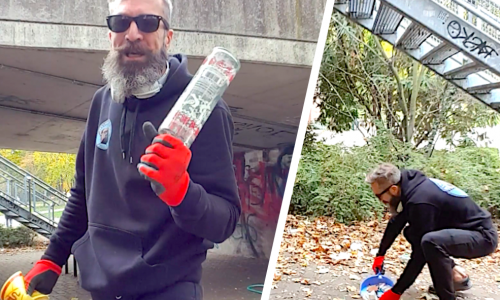 Mission „sauber machen": Oliver Diels packt zu und räumt Scherben und Glasflaschen weg. Im Video macht er deutlich, was er von dieser Umweltverschmutzung hält. Video/Foto: Oliver Diels