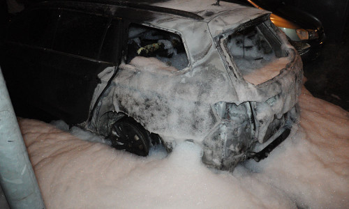 Das ausgebrannte Auto.  Foto: Polizei
