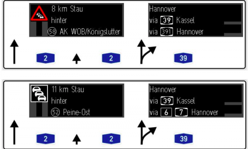 Beispiele für ein digitales Hinweisschild auf der A 2 am Autobahnkreuz Wolfsburg/ Königslutter in Fahrtrichtung Dortmund. Foto: Niedersächsische Landesbehörde für Straßenbau und Verkehr