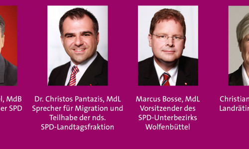 Der SPD-Unterbezirk Wolfenbüttel lädt zur Diskussion mit Sigmar Gabriel, Dr. Christos Pantazis, Marcus Bosse und Christiana Steinbrügge.
Grafik/Fotos: SPD