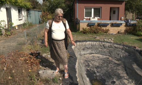 Fassungslos betrachtet Barbara Stumpf ihren leeren Gartenteich. Ihre geliebten Fische: Alle weg! Fotos/Video: atkuell24