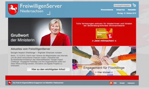 Niedersachsens Sozialministerin Cornelia Rundt (SPD) hat heute die Freiwilligenbörse www.freiwilligenserver.de zur Flüchtlingshilfe freigeschaltet. Foto: Screenshot/ www.freiwilligenserver.de