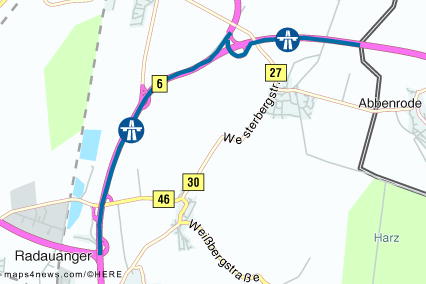 Ab dem Dreieck Vienenburg sollen aus der B 6 die Autobahnen A 36 (Richtung Sachsen-Anhalt) und A 396 (Richtung Bad Harzburg) werden. Karte: maps4news.com/©HERE