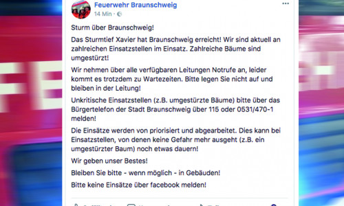 Auf Facebook warnt die Feuerwehr Braunschweig vor dem Herbststurm Xavier. Quelle: Facebook