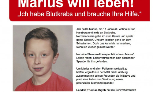 Der elfjährige Marius braucht dringend eine Stammzelltransplantation. Dazu findet am Samstag eine Typisierungs-Aktion in Bad Harzburg statt. Foto. MTK Bad Harzburg/DKMS