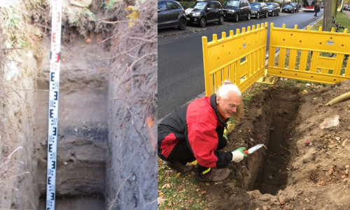 Edmund Schultz von der BI untersucht die Probegrabung auf eigene Hand. Quelle: Stadt Braunschweig (links); BI Baumschutz (rechts)