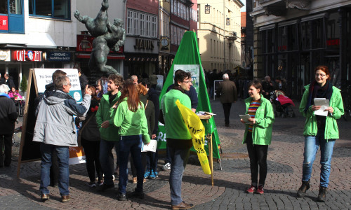 Die Greenpeace-Aktivisten machten am Ringerbrunnen auf ihr Anliegen aufmerksam. Fotos: Alexander Dontscheff