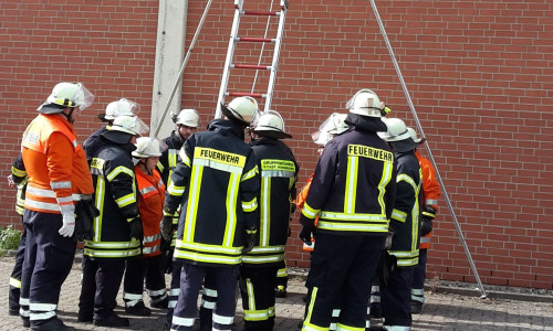 Im Rahmen eines technischen Dienstes wurde die zwölf Meter lange Schiebeleiter der Feuerwehr Hornburg vor den Augen des Bereitschaftsführers der KFB West Dirk Wiezer aufgebaut und ausprobiert. Foto: Presseteam Gloger