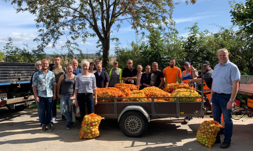 Viele ehrenamtlich Helfende beteiligten sich an der Apfelsammelaktion des Landkreises und pflückten gemeinsam mit Landrätin Christiana Steinbrügge (6. v.l.) und Volker Meier (1. v.r.) vom Landvolk Braunschweiger Land mehrere Tonnen Äpfel. Foto: Landkreis Wolfenbüttel

 
