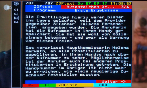 Laut ZDF-Videotext ist unter anderem ein Hinweis einer Prostituierten auf die Mobilfunknummer eingegangen. Quelle: ZDF