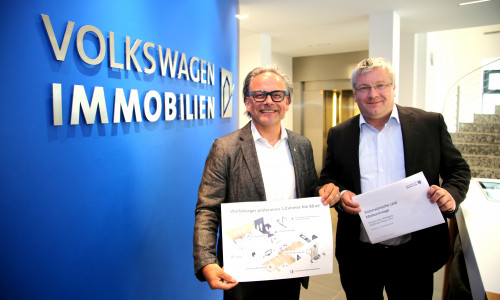 VWI-Geschäftsführer Meno Requardt (rechts) und Ulrich Sörgel stellten die Ergebnisse der Befragung vor. Foto: Presse- & Öffentlichkeitsarbeit Volkswagen Immobilien GmbH