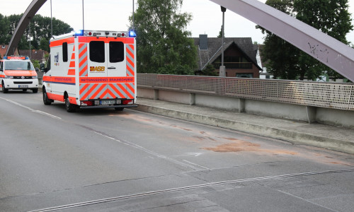 Der Rettungsdienst versuchte vergeblich den Fahrer zu reanimieren. Die Feuerwehr streute die Unfallstelle ab. Fotos: Rudolf Karliczek