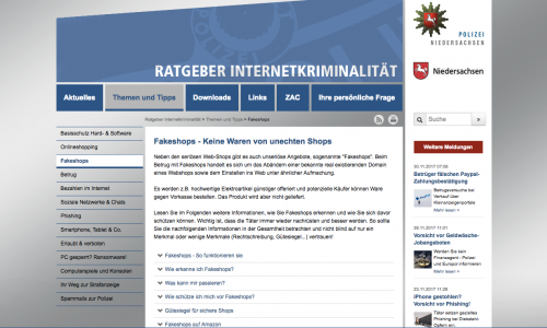 Die Polizei Niedersachsen hat iInformationen zum Thema "Fakeshops" zusammengetragen. Screenshot: Eva Sorembik