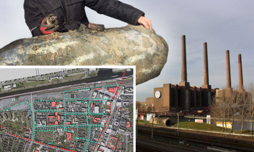 Im VW-Werk wurde eine alte Fliegerbombe gefunden. Am Sonntag soll sie entschärft werden. Fotos: regionalHeute.de; Karte: Stadt Wolfsburg 